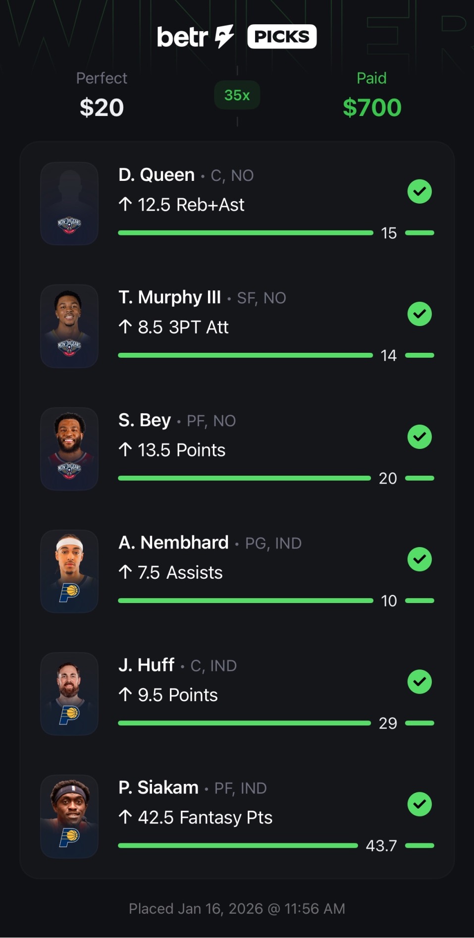 Betr Picks winning slip — $20 paid $700