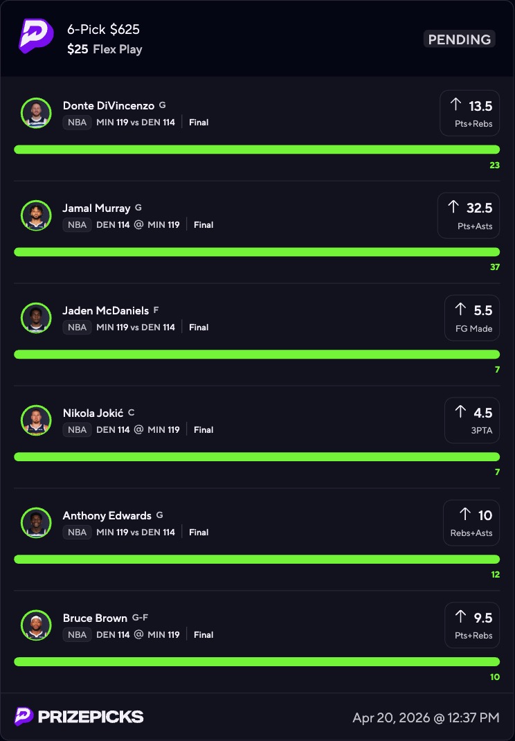 PrizePicks NBA 6-pick winning slip — $625